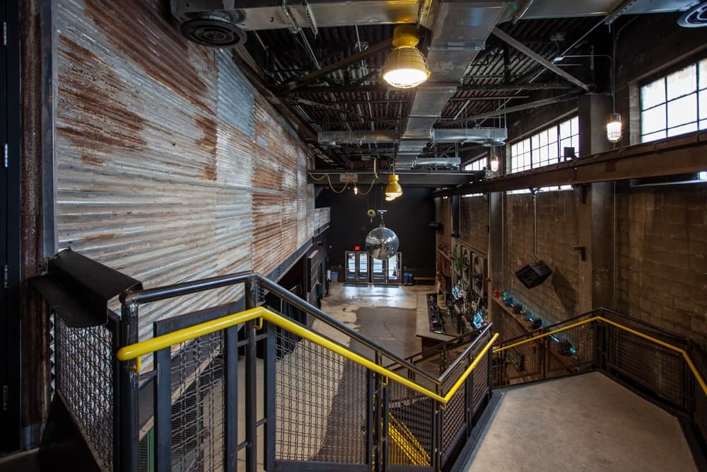 Finished steel stair overlooking a Brooklyn Steel public space