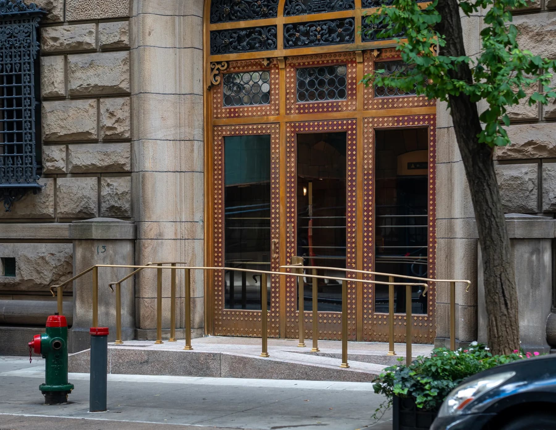 Street view of the restored entrance and access railings