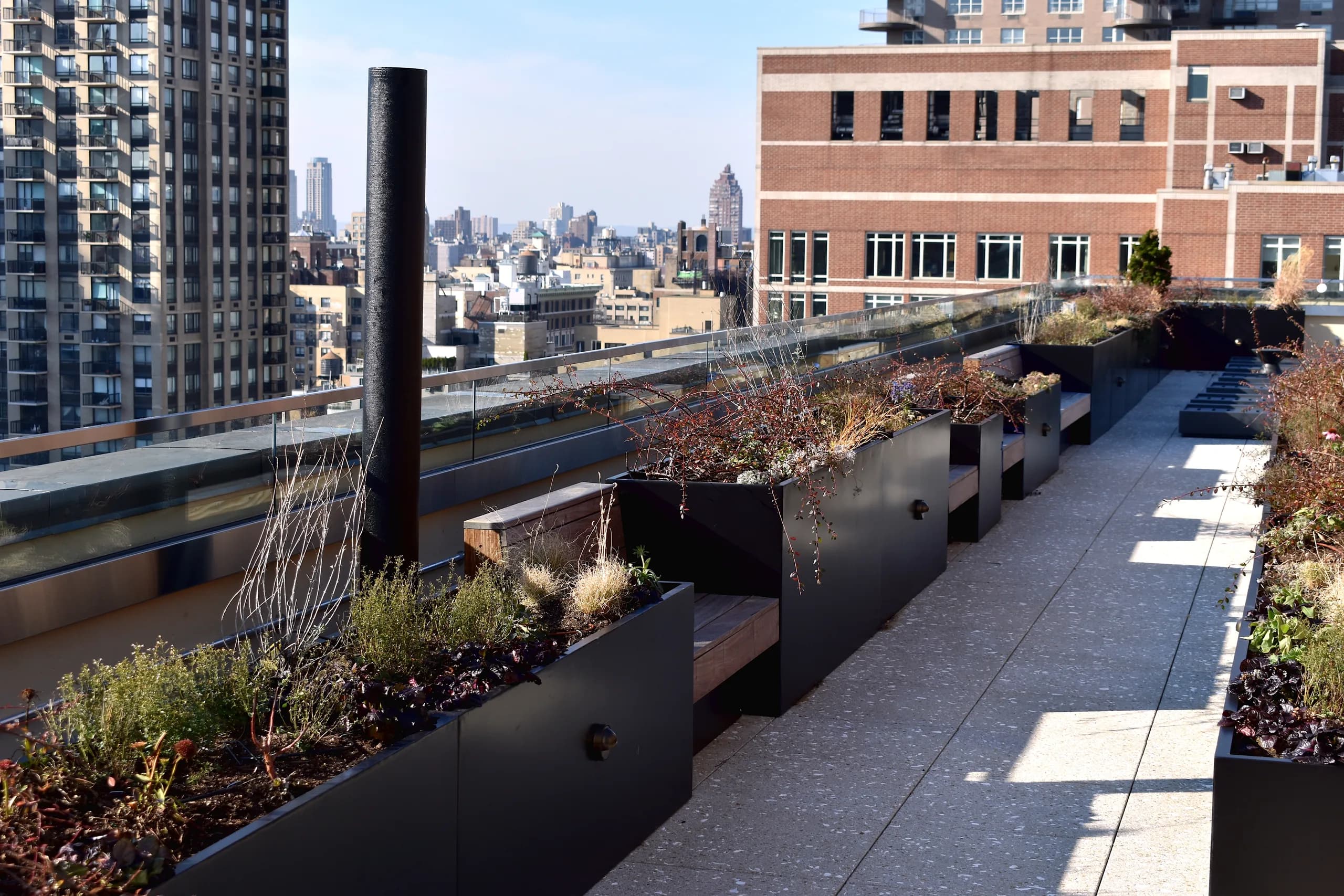 Long planted terrace with built-in benches and glass railing