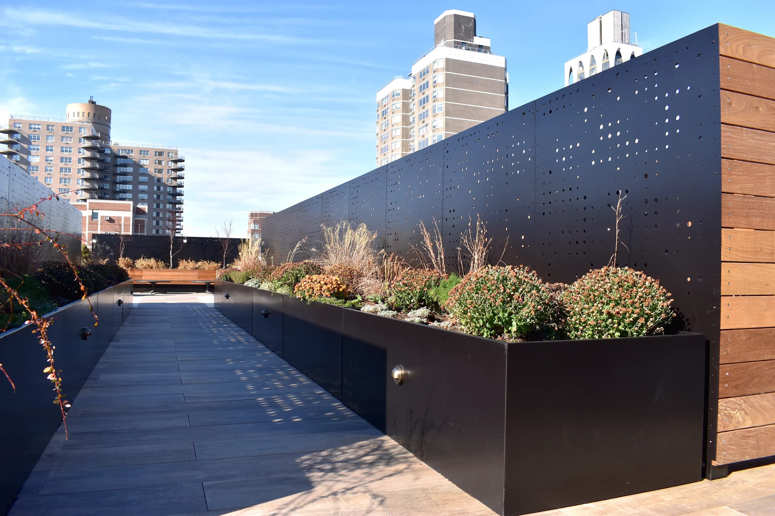 Planted walkway framed by custom perforated metal screens