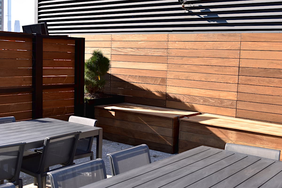 Custom Ipe benches with integrated storage
